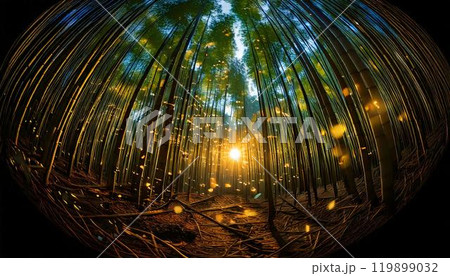夜の竹林でホタルが飛ぶ自然風景 魚眼レンズ 生成AI画像 夜の竹林でホタルが飛ぶ自然風景 魚眼レンズ 生成AI画像 119899032