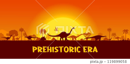 Dinosaur silhouettes on prehistoric sunset landscape of Jurassic era, vector background. Prehistoric dinosaur silhouettes, giant lizards and dino reptiles with pterodactyl in jungle forest with sunset 119899058