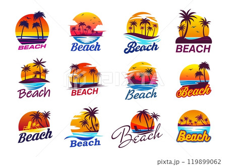 Summer tropical sunrise, palm trees and island beach icons, vector travel, summer vacation and holidays. Tropical island resort beach with palm trees, ocean waves and sun, chairs and umbrella symbols 119899062