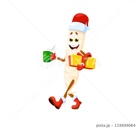 Cartoon Christmas daikon radish Santa character with gift for winter holiday, vector vegetable. Funny daikon radish in Santa hat with gift box and happy face Merry Christmas and New Year greetings Cartoon Christmas daikon radish Santa character with gift for winter holiday, vector vegetable. Funny daikon radish in Santa hat with gift box and happy face Merry Christmas and New Year greetings 119899064
