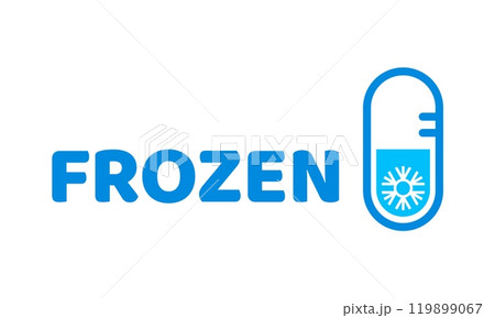 Blue frozen cold product icon, ice crystal label and badge. Isolated vector sticker for frozen food, features thermometer and snowflake signs. Symbol for packages or frosty cold preservation items 119899067