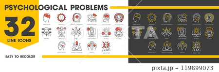 Psychological disorder problems and mental health line icons for psychology therapy, outline vector. Psychiatry, mental health and brain disorder icons of depression, stress, anxiety and panic attack 119899073