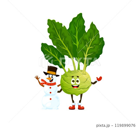 Christmas holiday kohlrabi cartoon character with snowman for holiday, vector funny vegetable. Happy cute kohlrabi with snowman smiling and greeting for Merry Christmas and Happy New Year celebration 119899076