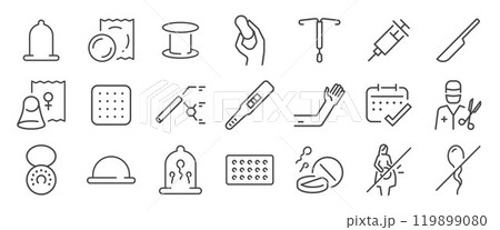 Birth control method icon set. It included contexts such as condom, pills, injection, hormonal ring, sterilization , contraceptive patch, and more. Editable Vector Stroke. 119899080
