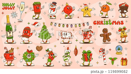 Cartoon groovy Christmas characters for winter holiday, vector funny emoji. Groovy Christmas tree with Santa gifts, funky gingerbread man and chocolate with marshmallow as retro cartoon characters Cartoon groovy Christmas characters for winter holiday, vector funny emoji. Groovy Christmas tree with Santa gifts, funky gingerbread man and chocolate with marshmallow as retro cartoon characters 119899082