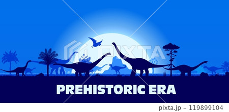 Dinosaurs silhouettes on sunset landscape in Jurassic jungle park forest, vector background. Prehistoric era landscape with T-rex tyrannosaurus lizard, brontosaurus and pterodactyl bird silhouette 119899104