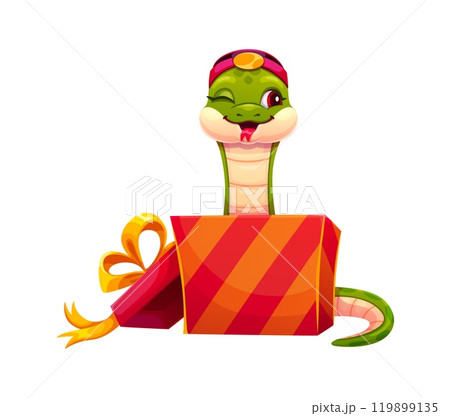 Chinese lunar year cartoon snake character for holiday calendar, vector 2025 symbol. Funny snake in traditional costume in gift box with happy face and winking for Chinese New Year or zodiac calendar Chinese lunar year cartoon snake character for holiday calendar, vector 2025 symbol. Funny snake in traditional costume in gift box with happy face and winking for Chinese New Year or zodiac calendar 119899135