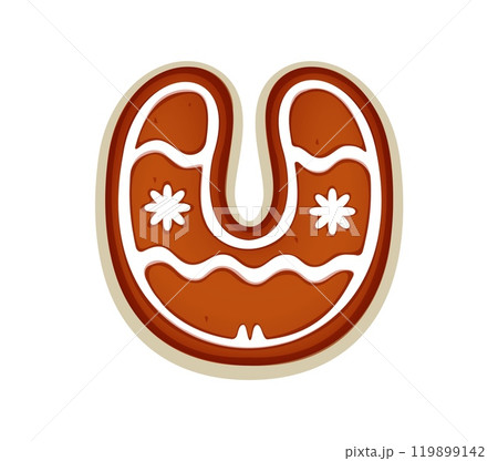 Christmas gingerbread cookie font, letter U biscuit for Xmas bakery typeface, vector type. Christmas cookie font letter U for winter holiday greeting text, gingerbread biscuit alphabet with snowflakes 119899142