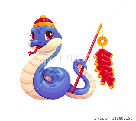 Chinese lunar New Year snake character for Asian holiday, cartoon vector. Funny snake in traditional Chinese costume with petards firecrackers and lucky golden coin for 2025 Chinese New Year calendar Chinese lunar New Year snake character for Asian holiday, cartoon vector. Funny snake in traditional Chinese costume with petards firecrackers and lucky golden coin for 2025 Chinese New Year calendar 119899159