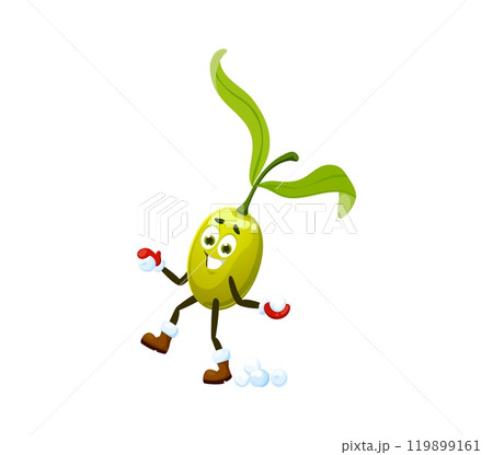 Cartoon Christmas holiday olive character playing snowballs, vector funny vegetable. Happy smiling green olive playing snowballs in mittens for winter holiday Christmas and New Year greeting emoji Cartoon Christmas holiday olive character playing snowballs, vector funny vegetable. Happy smiling green olive playing snowballs in mittens for winter holiday Christmas and New Year greeting emoji 119899161