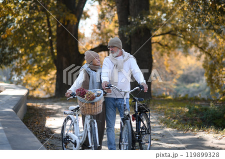 Elderly couple on walk in park, pushing their bikes side by side. Seniors in love on stroll through autumn city, enjoying a peaceful moment together. Elderly couple on walk in park, pushing their bikes side by side. Seniors in love on stroll through autumn city, enjoying a peaceful moment together. 119899328