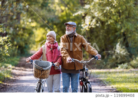Lovely elderly couple on a walk in the forest, pushing their bikes side by side. Seniors in love on stroll through autumn nature, enjoying a peaceful moment together. Lovely elderly couple on a walk in the forest, pushing their bikes side by side. Seniors in love on stroll through autumn nature, enjoying a peaceful moment together. 119899408