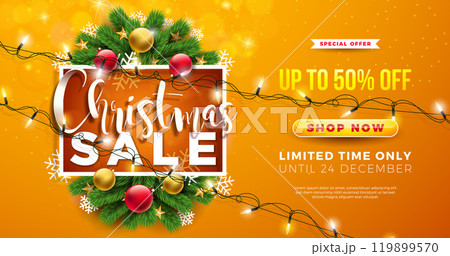 Christmas Sale Design with Ornamental Ball and Light Garland on Yellow Background. Holiday Vector Business Illustration with Special Offer Typography Elements for Coupon, Voucher, Banner, Flyer 119899570