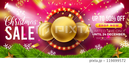 Christmas Sale Design with Ornamental Ball and Light Bulb Billboard on Red Background. Holiday Vector Business Illustration with Special Offer Typography Elements for Coupon, Voucher, Banner, Flyer 119899572