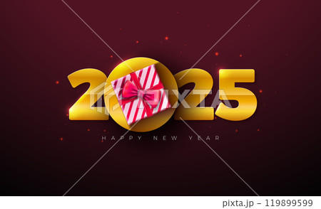 Happy New Year 2025 Illustration with Golden Number and Gift Box on Dark Background. Holiday Design for Flyer, Greeting Card, Banner, Celebration Poster, Party invitation, Calendar and Social Media Happy New Year 2025 Illustration with Golden Number and Gift Box on Dark Background. Holiday Design for Flyer, Greeting Card, Banner, Celebration Poster, Party invitation, Calendar and Social Media 119899599