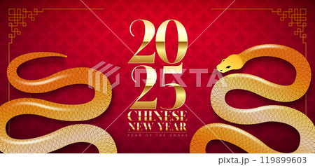 Happy Chinese New Year 2025 Banner with Snake Zodiac Sign and Gold Typography on Red Scaly Pattern Background. Lunar New Year Traditional Design with 3d Snake for Flyer, Greeting Card, Banner 119899603