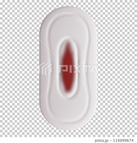 帶有經血的日間無羽毛衛生棉的 3D 插圖(前視圖)3 帶有經血的日間無羽毛衛生棉的 3D 插圖(前視圖)3 119899674