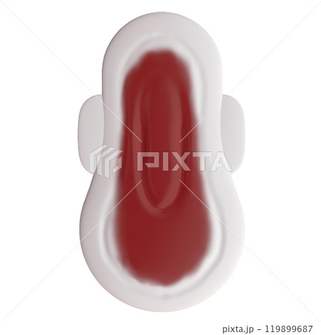 経血が付着した多い日の夜用の生理用ナプキンの3Dイラスト(正面)1 経血が付着した多い日の夜用の生理用ナプキンの3Dイラスト(正面)1 119899687