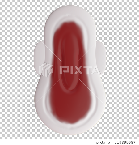 経血が付着した多い日の夜用の生理用ナプキンの3Dイラスト(正面)1 経血が付着した多い日の夜用の生理用ナプキンの3Dイラスト(正面)1 119899687