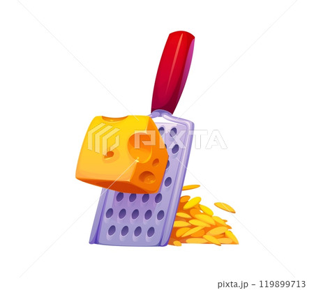 Cheese grating on grater for food cooking and preparation process, vector icon. Cheese grater symbol of food preparation utensil and kitchenware equipment for cooking process pictogram or recipe 119899713