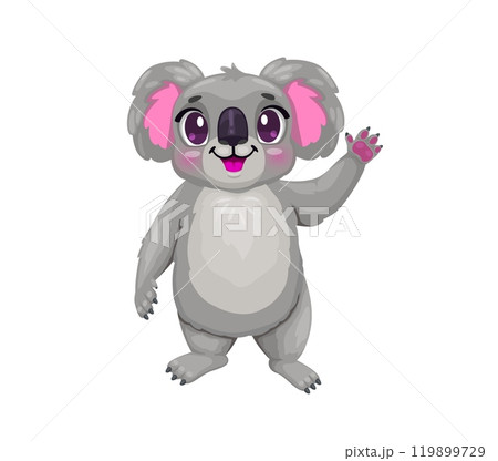 Cartoon happy smiling koala bear character. Australia jungle bear childish cartoon vector character, koala cute isolated mascot or zoo animal funny personage happy smiling and waving hand Cartoon happy smiling koala bear character. Australia jungle bear childish cartoon vector character, koala cute isolated mascot or zoo animal funny personage happy smiling and waving hand 119899729