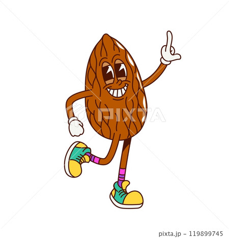Groovy almond nut character in retro cartoon with funny face and happy smile, vector comic emoji. Groovy funky almond nut in dancing in good vibe with finger up for psychedelic retro cartoon character 119899745