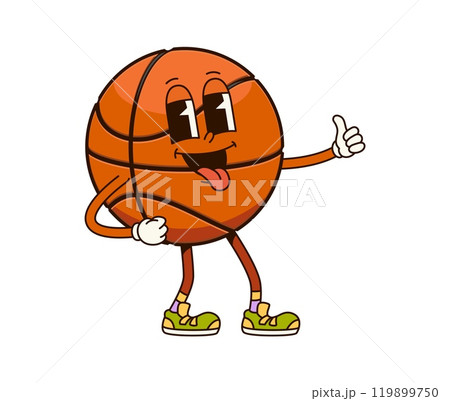 Groovy basketball ball character. Isolated cartoon vector retro sports personage wearing vintage sneakers, showing tongue and giving thumbs-up gesture, embodying a playful and friendly vintage spirit Groovy basketball ball character. Isolated cartoon vector retro sports personage wearing vintage sneakers, showing tongue and giving thumbs-up gesture, embodying a playful and friendly vintage spirit 119899750