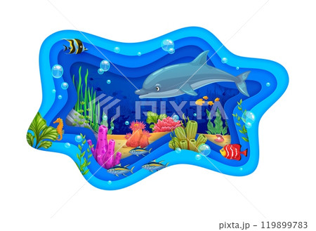 Paper cut underwater landscape with dolphin and fishes. Vector wavy 3d layered papercut frame with sea animals, seaweeds and coral reef, capturing beauty and tranquility of marine underwater life Paper cut underwater landscape with dolphin and fishes. Vector wavy 3d layered papercut frame with sea animals, seaweeds and coral reef, capturing beauty and tranquility of marine underwater life 119899783