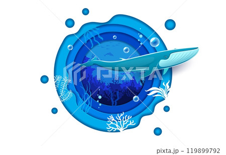 Paper cut underwater landscape with blue whale. 3d vector round layered frame with giant cartoon sperm whale animal in the deep sea scene with seaweeds, ocean vegetation, fish shoal and bubbles 119899792