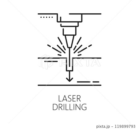 Laser drilling metalwork technology line icon. Steel engraving metalwork industry linear symbol, CNC marking manufacture equipment, laser cutting or drilling production technology vector outline icon 119899793
