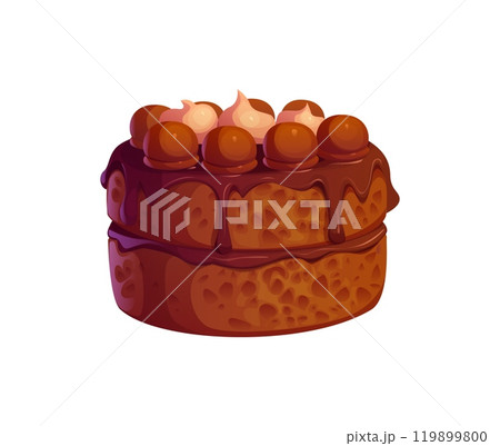 Chocolate cake with sweet cream or cacao dessert, vector pastry icon. Chocolate bakery and confection food of sponge biscuit cake with cacao cream and whipped cream or praline and nougat confection Chocolate cake with sweet cream or cacao dessert, vector pastry icon. Chocolate bakery and confection food of sponge biscuit cake with cacao cream and whipped cream or praline and nougat confection 119899800