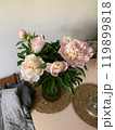 Bouquet of pale pink peonies. Peonies in a vase selective focus. Beautiful flowers close up. Valentine day. Womans day. Romantic vibe. Floral background. Copy space. High quality photo. 119899818