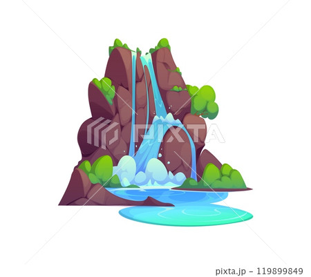 Cartoon waterfall and water cascade. Vector splashing streams and jets falling down the rocky cliff with green vegetation. Isolated multiple flow, natural environment, game location or park decoration 119899849