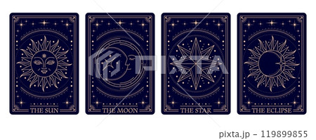 Magic tarot cards, mystic esoteric occult frames showcase intricate patterns and occult symbols like stars, sun and crescent moon. Vector spiritual supernatural cards for astrology and fortune telling 119899855