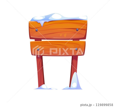 Winter Christmas wooden sign board with snow for holiday, vector cartoon signboard. Wood signpost or post board banner with snow and icicles for Christmas winter holiday or New Year greetings 119899858