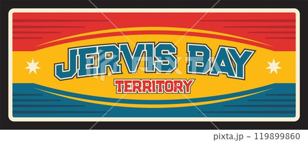 Jervis Bay Territory, Australian state travel plate. Vector flag, coat of arms sun symbol, tin sign. Oceanic bay and village in Jervis Bay Territory, ACT South Coast of New South Wales, Australia Jervis Bay Territory, Australian state travel plate. Vector flag, coat of arms sun symbol, tin sign. Oceanic bay and village in Jervis Bay Territory, ACT South Coast of New South Wales, Australia 119899860