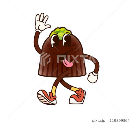 Groovy chocolate candy character with a playful expression, sticking out its tongue and wearing sneakers. Isolated cartoon vector sweet pastry treat, truffle or praline personage exudes fun and joy Groovy chocolate candy character with a playful expression, sticking out its tongue and wearing sneakers. Isolated cartoon vector sweet pastry treat, truffle or praline personage exudes fun and joy 119899864