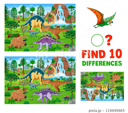 Find ten differences between prehistoric dinosaurs. Educational game featuring vibrant landscapes with various dino species. Cartoon vector puzzle for children, enhancing attention to detail skills Find ten differences between prehistoric dinosaurs. Educational game featuring vibrant landscapes with various dino species. Cartoon vector puzzle for children, enhancing attention to detail skills 119899865