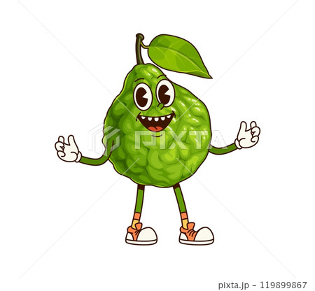 Groovy tropical bergamot fruit character. Isolated cartoon vector fresh citrus bergamia plant with wrinkled green peel, conveying happiness and energy, promotes healthy eating with retro funky vibes 119899867