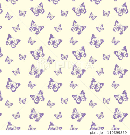 Purple butterfly pattern. Ethereal lepidoptera. Repeating motif background for travel themed projects or nature inspired aesthetics. Vector illustration Purple butterfly pattern. Ethereal lepidoptera. Repeating motif background for travel themed projects or nature inspired aesthetics. Vector illustration 119899889