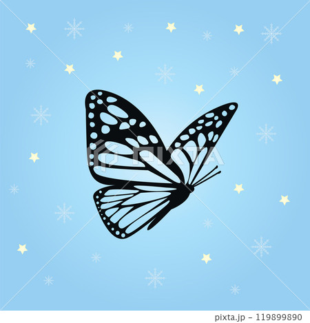 Blue background with butterfly, stars, snowflakes. Winter and festive spirit of Christmas for elegant decorations, wrapping paper, digital wallpapers. Vector illustration Blue background with butterfly, stars, snowflakes. Winter and festive spirit of Christmas for elegant decorations, wrapping paper, digital wallpapers. Vector illustration 119899890