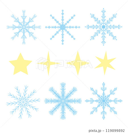 Blue snowflakes and gold stars set for winter themed projects, banners, backgrounds, invitations, winter weddings, festive gatherings, prints, calendars, planners. Vector illustration Blue snowflakes and gold stars set for winter themed projects, banners, backgrounds, invitations, winter weddings, festive gatherings, prints, calendars, planners. Vector illustration 119899892