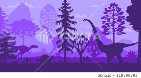 Prehistoric dinosaurs silhouettes in tropical jungle forest of Jurassic era, vector background. Prehistoric dino park or paleontology museum banner with giant lizards and dinosaur reptiles silhouettes Prehistoric dinosaurs silhouettes in tropical jungle forest of Jurassic era, vector background. Prehistoric dino park or paleontology museum banner with giant lizards and dinosaur reptiles silhouettes 119899893