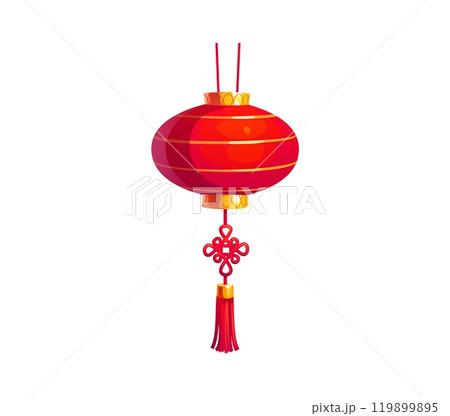 Cartoon Chinese festival red lantern, Asian Chinatown lamp for celebrating Lunar New Year. Vector traditional decorative lamp in shape of sphere with tassel and golden details symbolizing good fortune 119899895