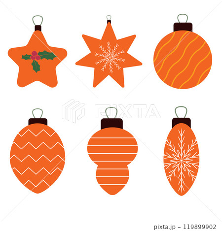 Geometric collection of Christmas and New Year decorations. Retro and minimalist aesthetic design. Orange ornaments, classic motifs for festive cards, banners, Xmas decor. Vector illustration 119899902