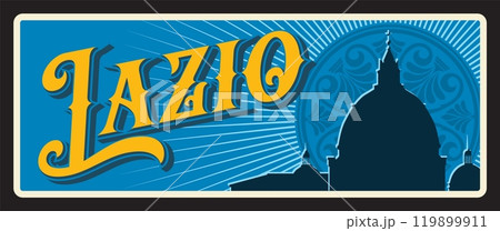 Lazio Italy region tin sign, metal travel plate. Italian region tourist plaque with St. Peters Basilica silhouette, vintage church. Latium region of Italy, Italian city landmark 119899911