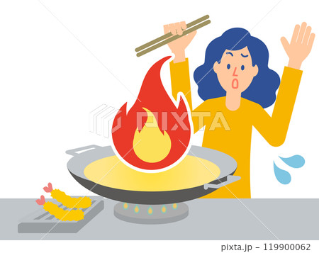 家庭内災害 - 揚げ物のための油が入った天ぷら鍋（中華鍋）の火災・火事のイメージイラスト。 119900062