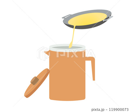 使用済みの食用油を再利用するために濾過してオイルポットに注ぐイラスト 使用済みの食用油を再利用するために濾過してオイルポットに注ぐイラスト 119900073