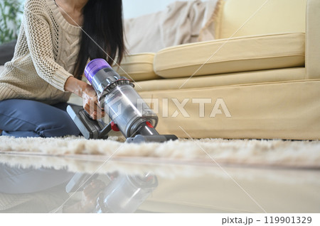Close up of woman cleaning carpet with a cordless vacuum in her home 119901329