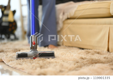Close up of woman vacuuming a fluffy rug in a cozy home Close up of woman vacuuming a fluffy rug in a cozy home 119901335